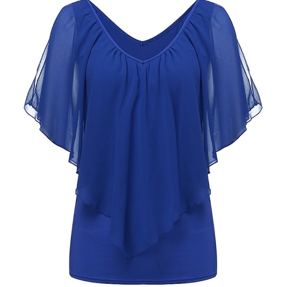 Blue Sleeveless Ruffle Off-Open-Cold-Shoulder Top - Picture 5 of 7