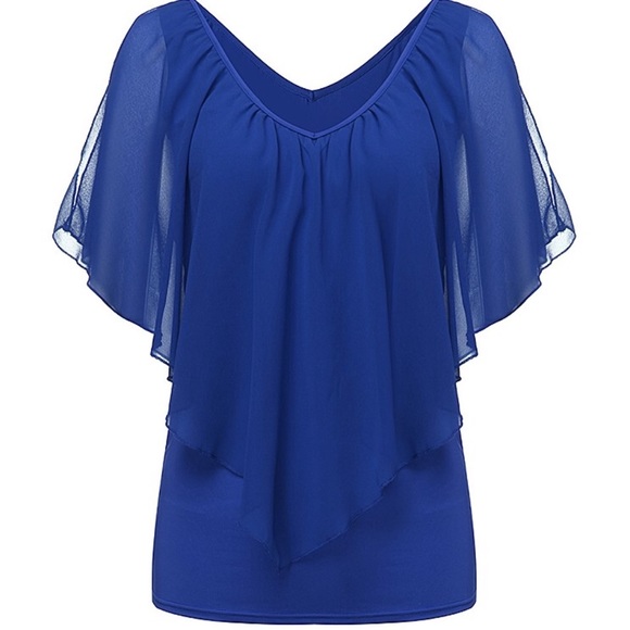 Blue Sleeveless Ruffle Off-Open-Cold-Shoulder Top - Picture 5 of 7