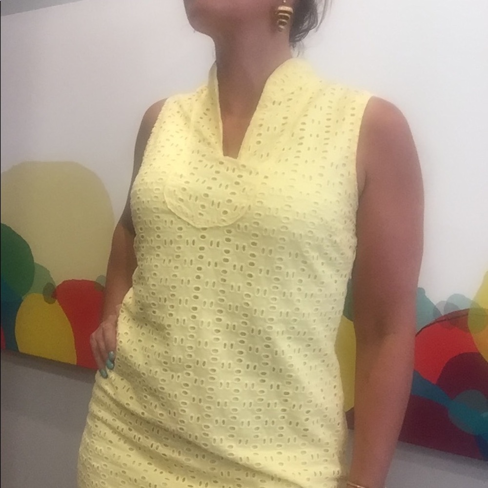 Eyelet, yellow, high neck shift dress