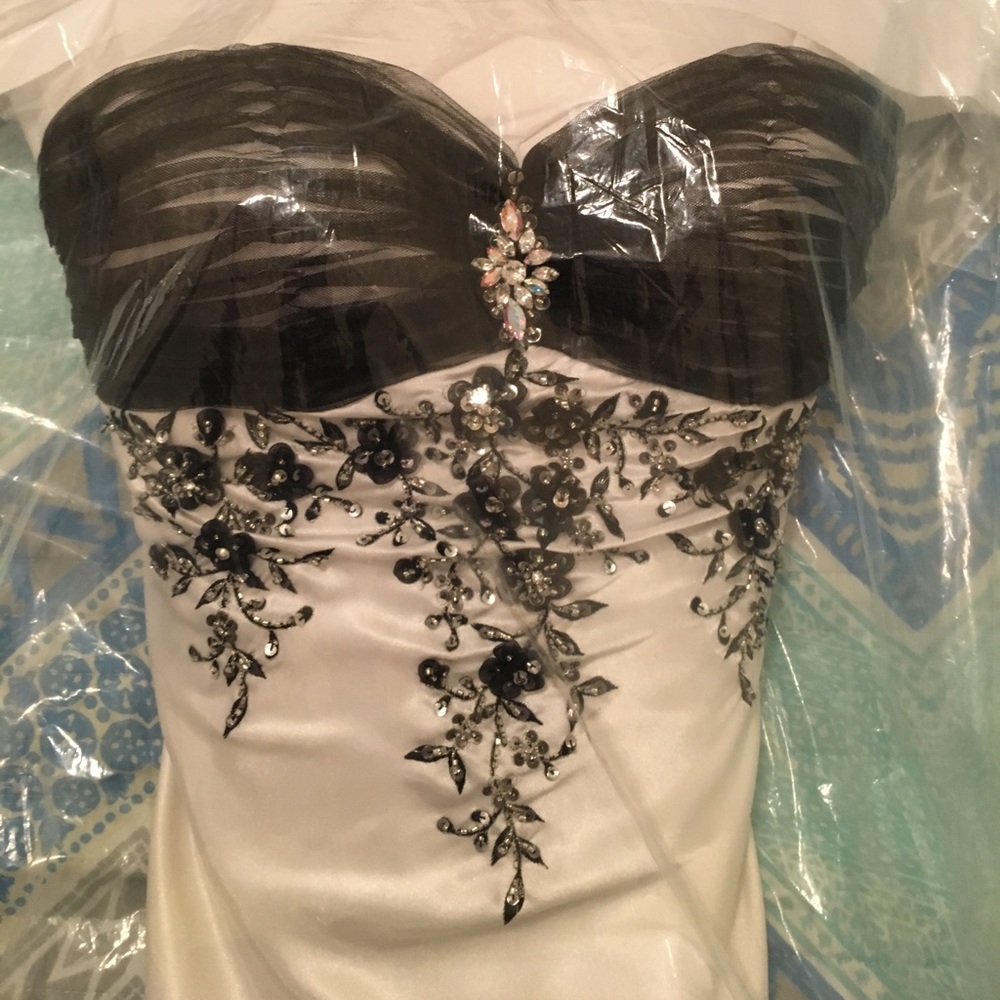 Floor length black and white formal dress