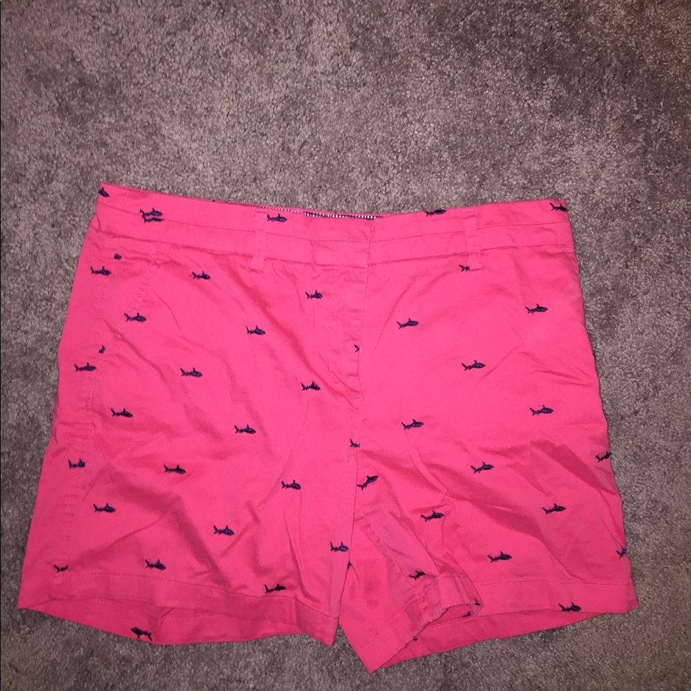Pink khaki shorts with navy blue sharks