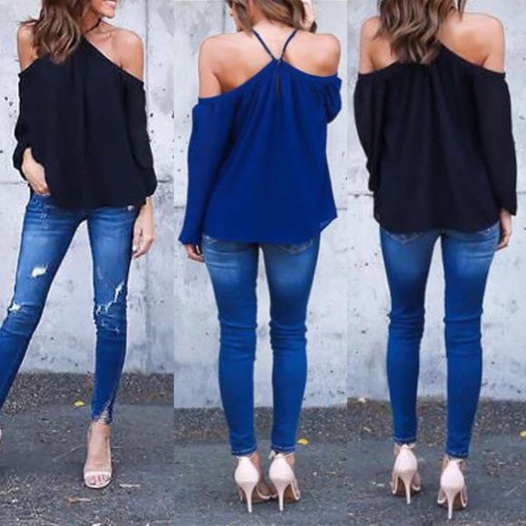 🆕 TINSLEY Chiffon Cold Shoulder Halter Top - Picture 3 of 8