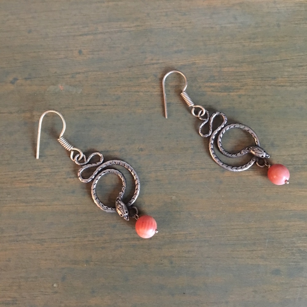 Sterling Silver Snake Earrings w/ Salmon Pink Bead