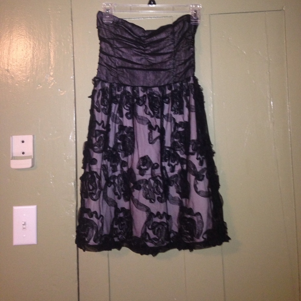 Black and lilac strapless dress with fishnet