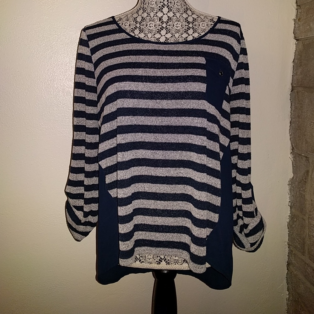 Navy and grey hi-low mixed media top