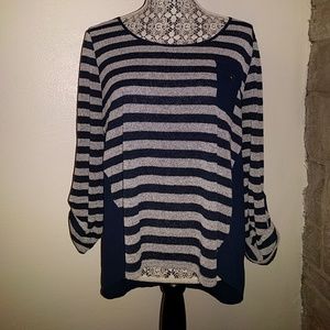 Navy and grey hi-low mixed media top