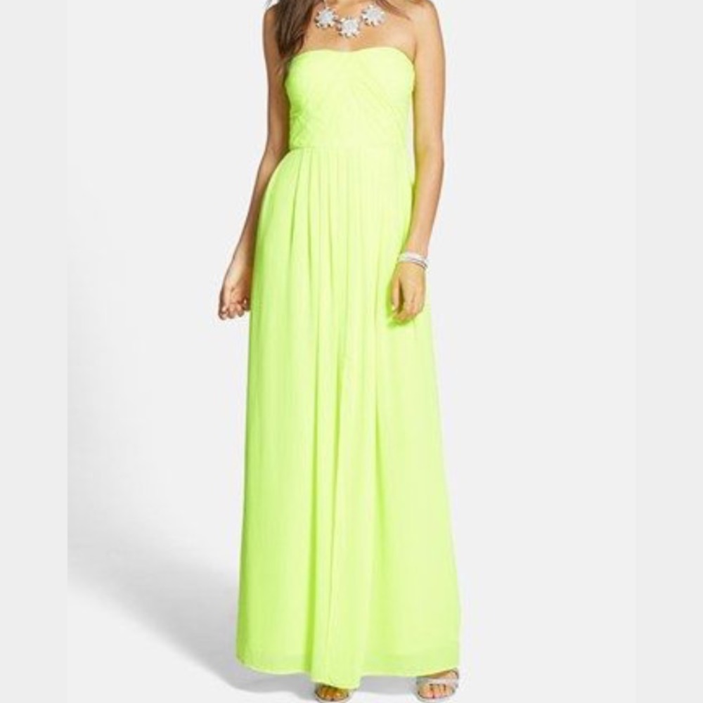 Neon yellow full length strapless dress-S