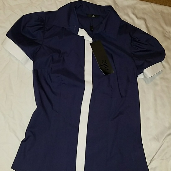 NWT Tuxedo Peter Pan collar blue cap sleeve blouse - Picture 1 of 4