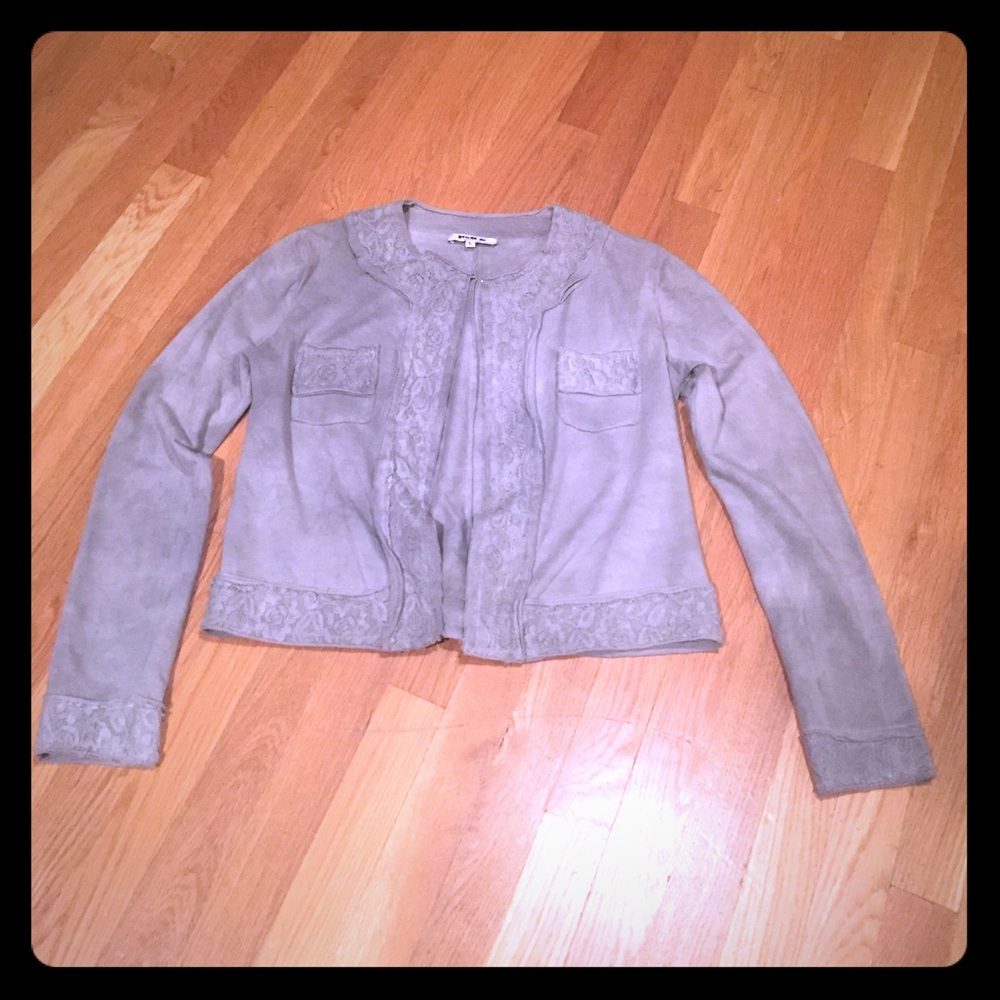 Gray open front sweater with lace trim