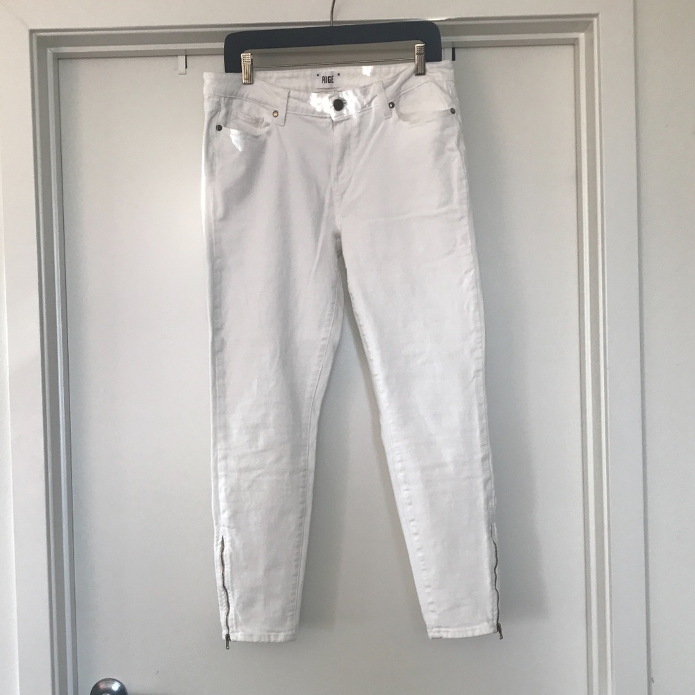 Paige Ankle Crop White Jeans with Zipper Detail
