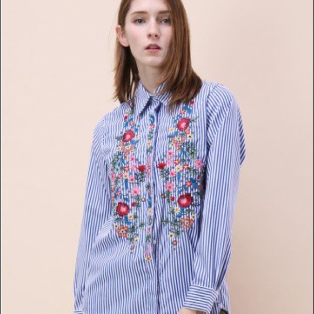 ChicWish Embroidered button down top