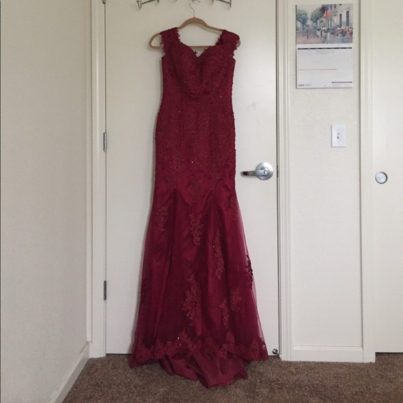 Dresses & Skirts - Burgundy Off-Shoulder Lace Prom Dress