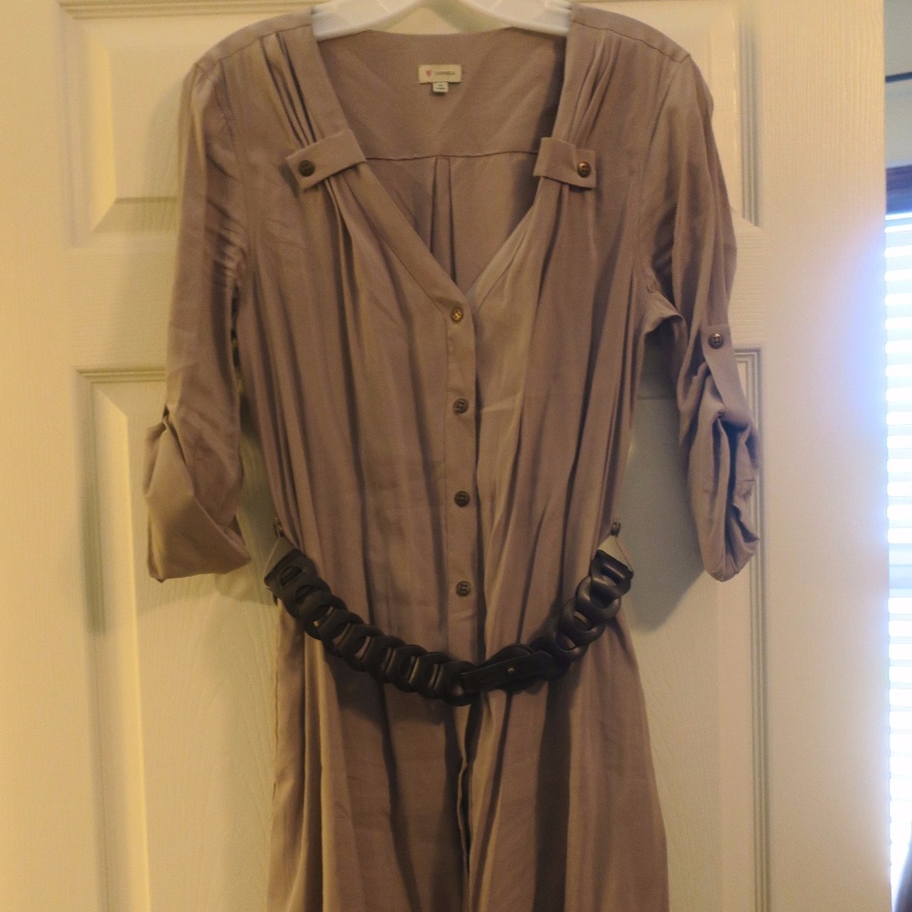 tan button up belted dress