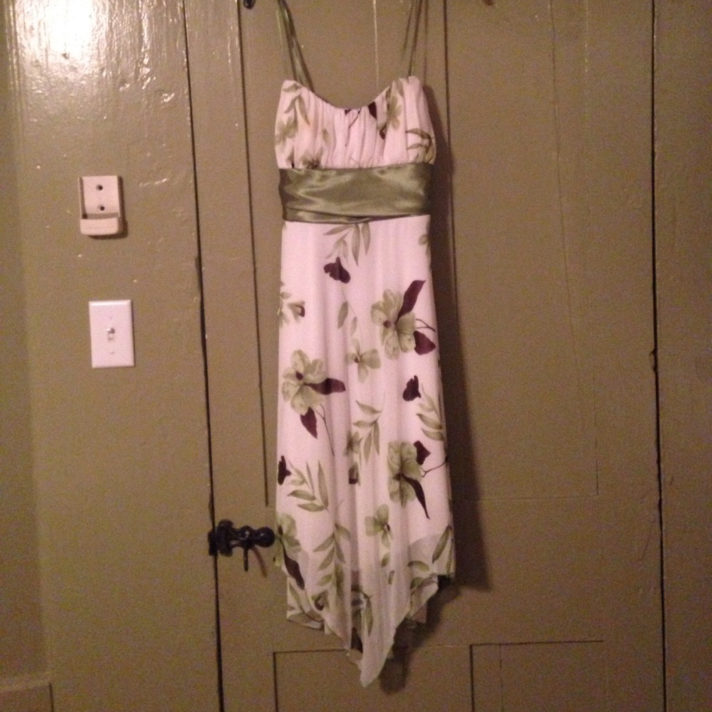 Green and white formal floral dress with bow