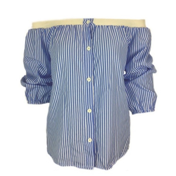 🦋 BLUE & WHITE STRIPED OFF THE SHOULDER TOP - Picture 5 of 8