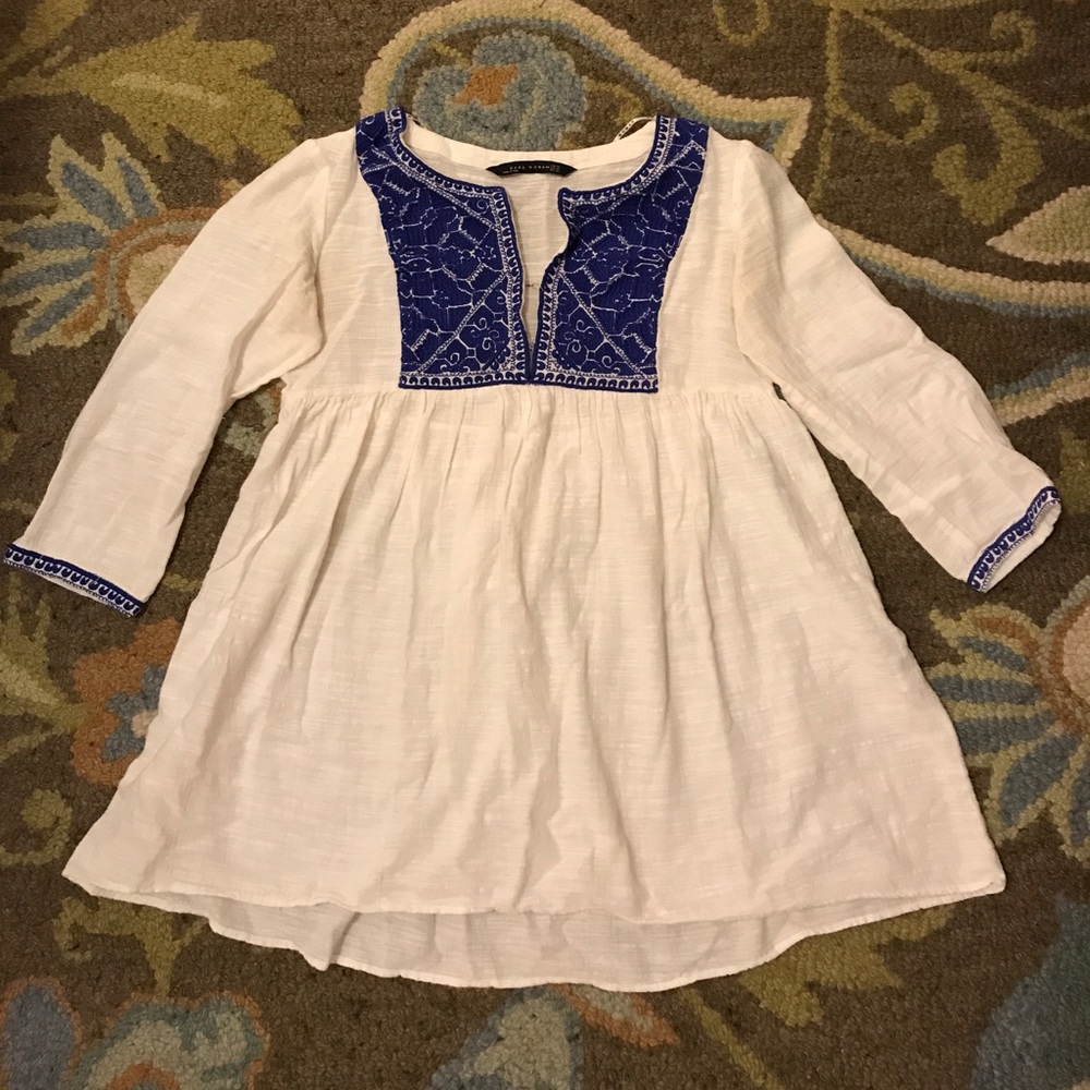 ZARA | Blue & White Embroidered Top