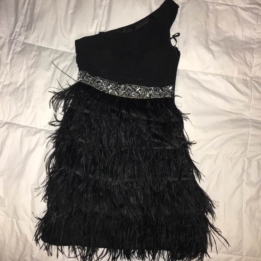 Black feather cocktail dress