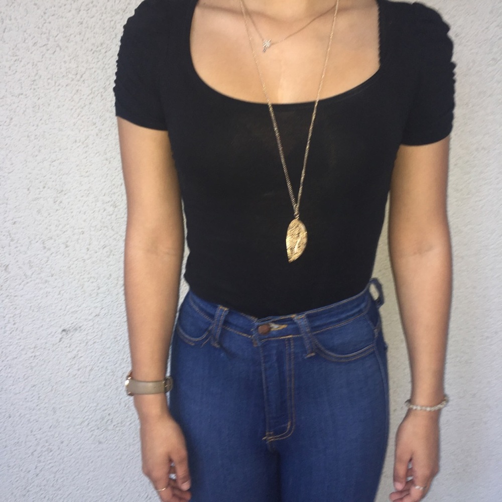 Black tight t shirt blouse with lace back