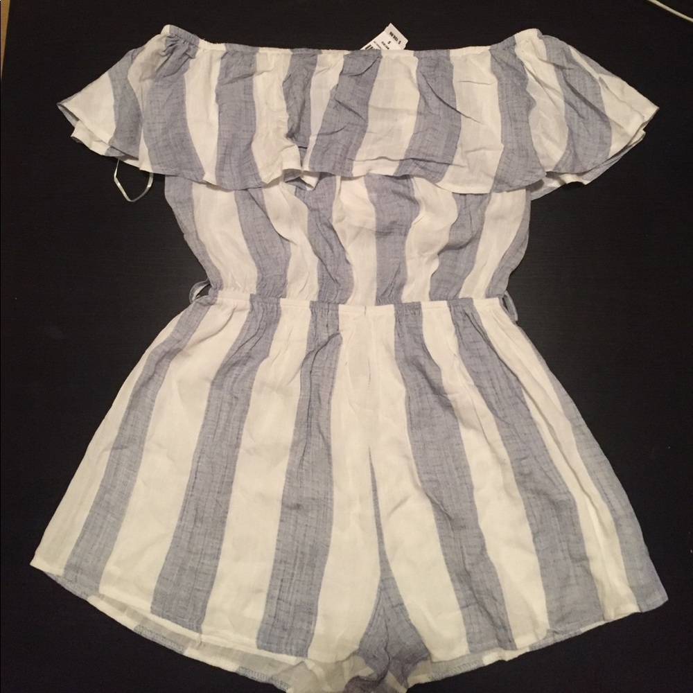 Blue and white striped off the shoulder romper