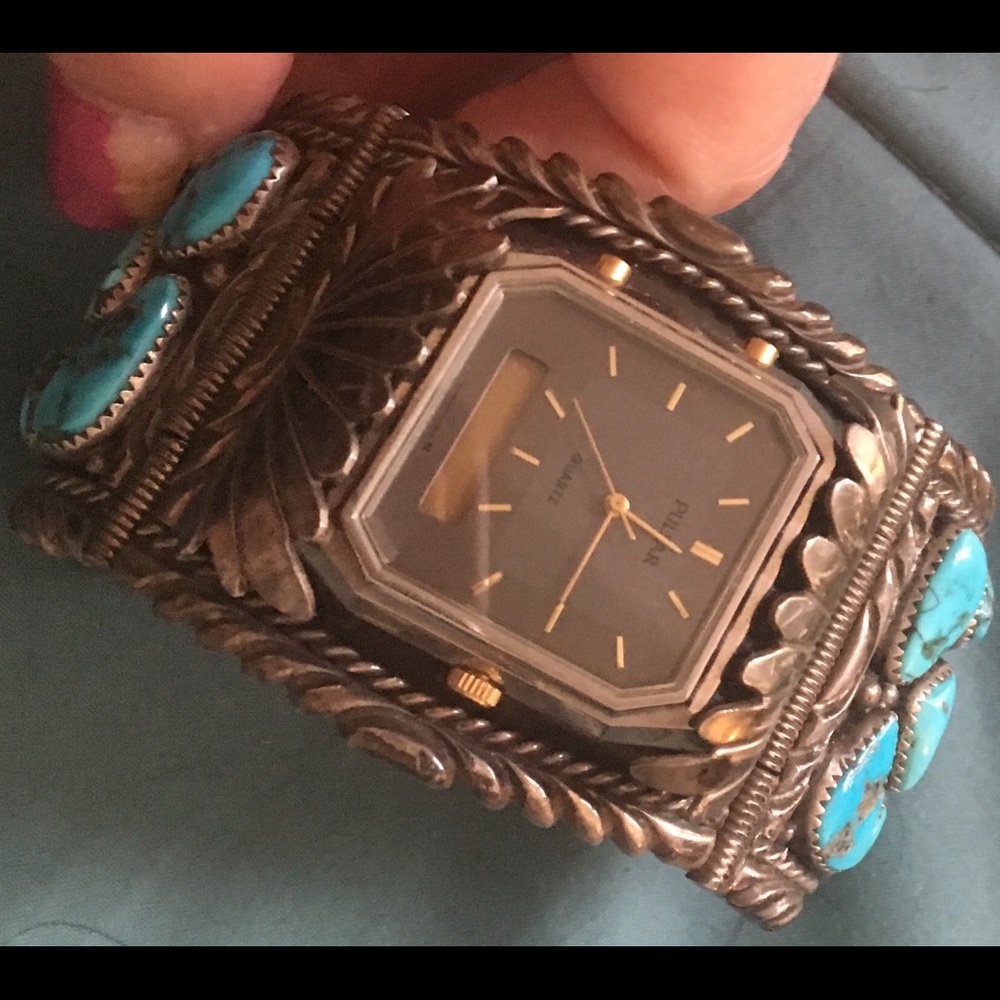 Old Pawn WNEZ turquoise & Sterling Watch Bracelet