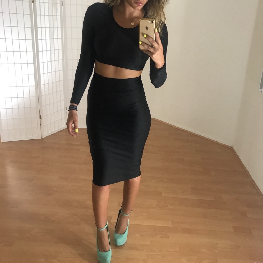 Two piece black crop top and skirt