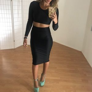 Two piece black crop top and skirt