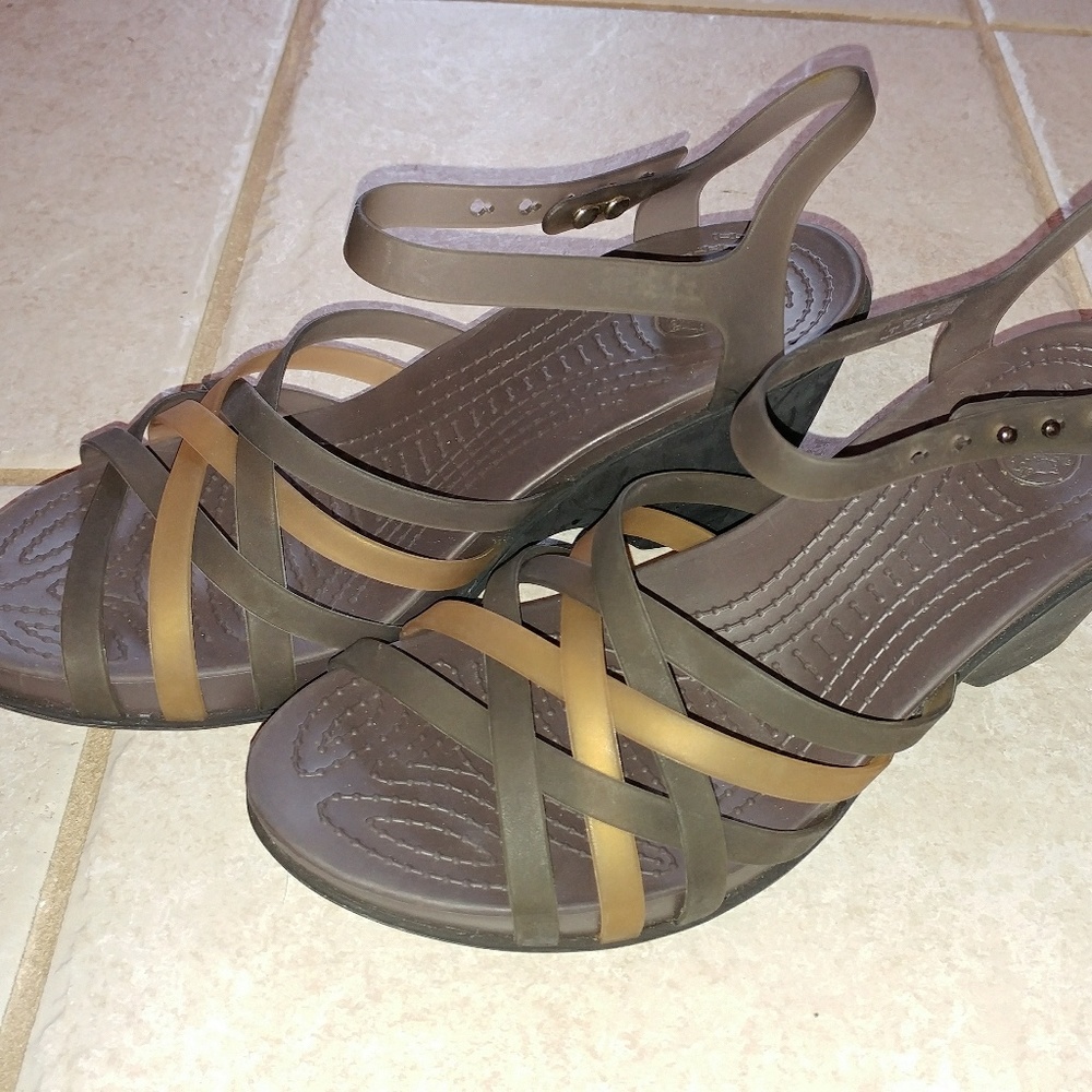 Brown & Tan Croc Wedge Sandals