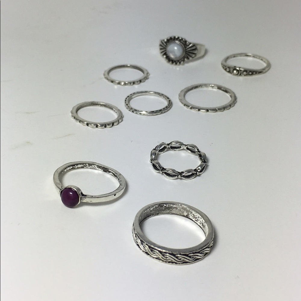 9-pc midi ring set Tibetan silver stones