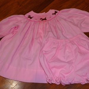 Baby Girl Pink Bow Peep Smocked Dog Dress & Pants
