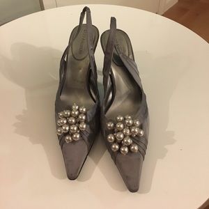 Blue Grey Satin Shoes with Silver Pearls