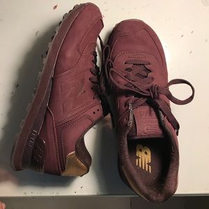 Maroon New Balance boosts (with gold detailing)