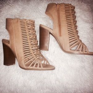 Tan braided open toed booties