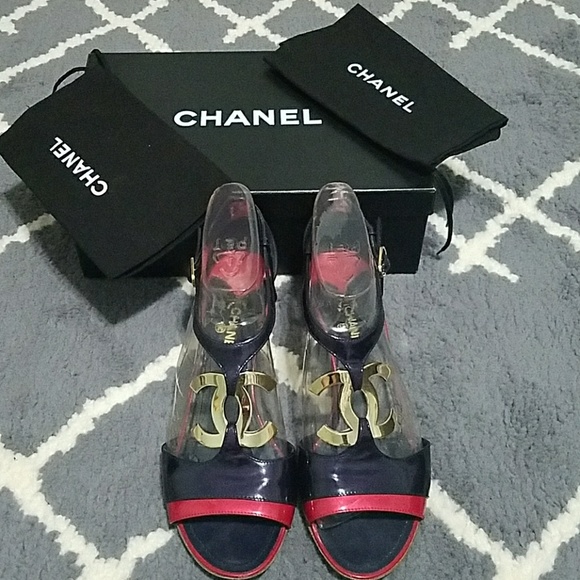 CHANEL Shoes - CHANEL Navy & Red Wedge Sandal, Sz. 9