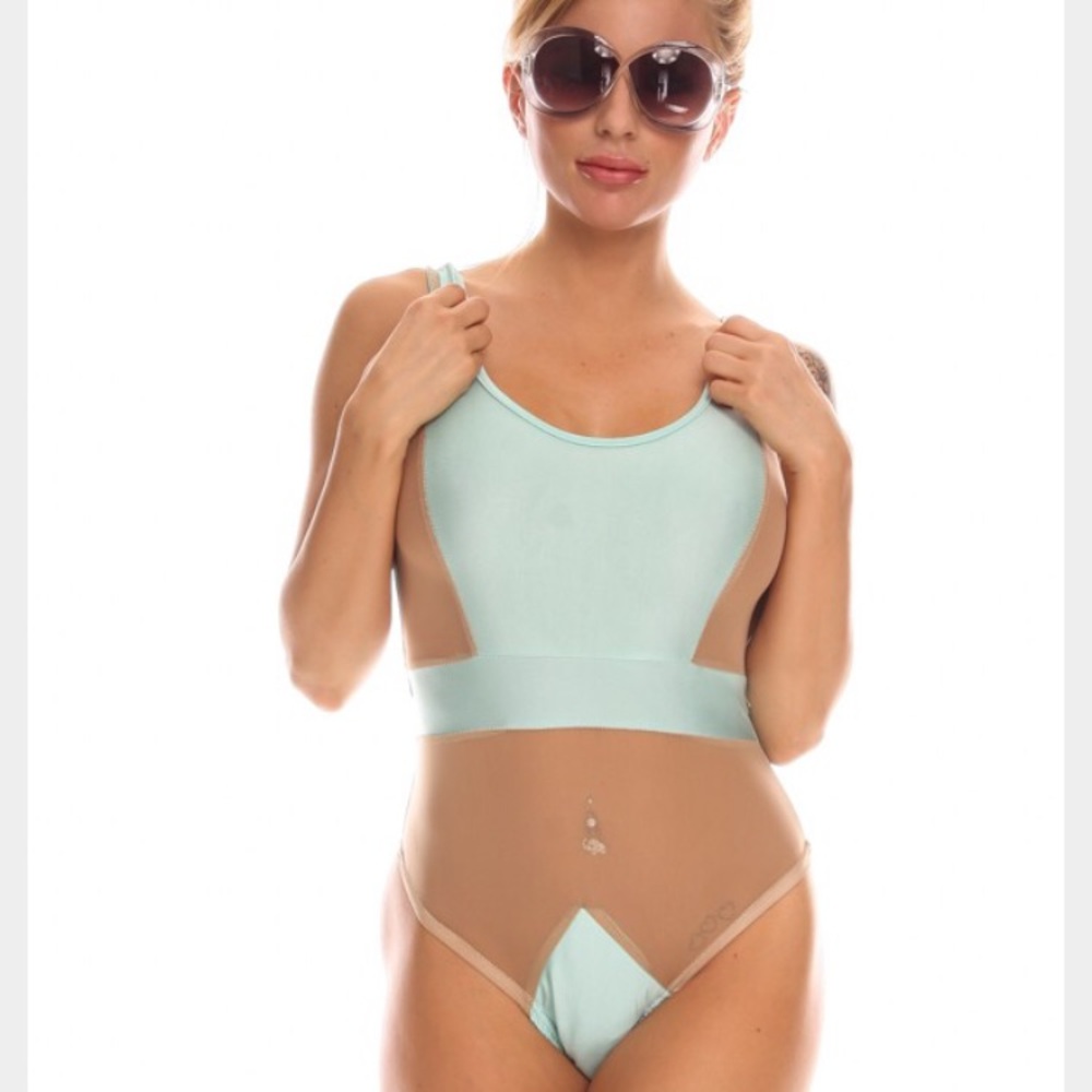 Light blue mesh low back swimsuit