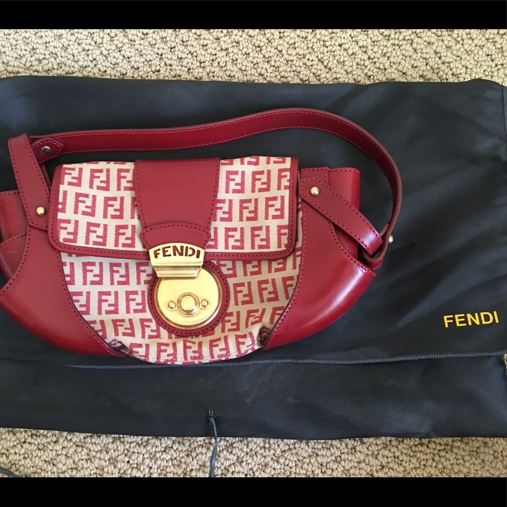 Fendi red monogram canvas purse w gold hardware