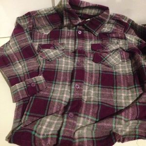 Flannel button down Purple Green with silver
