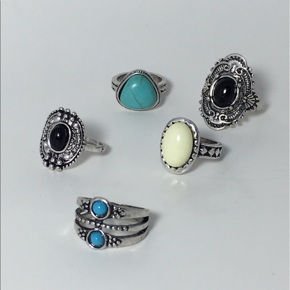 5-pc silver stone midi ring set