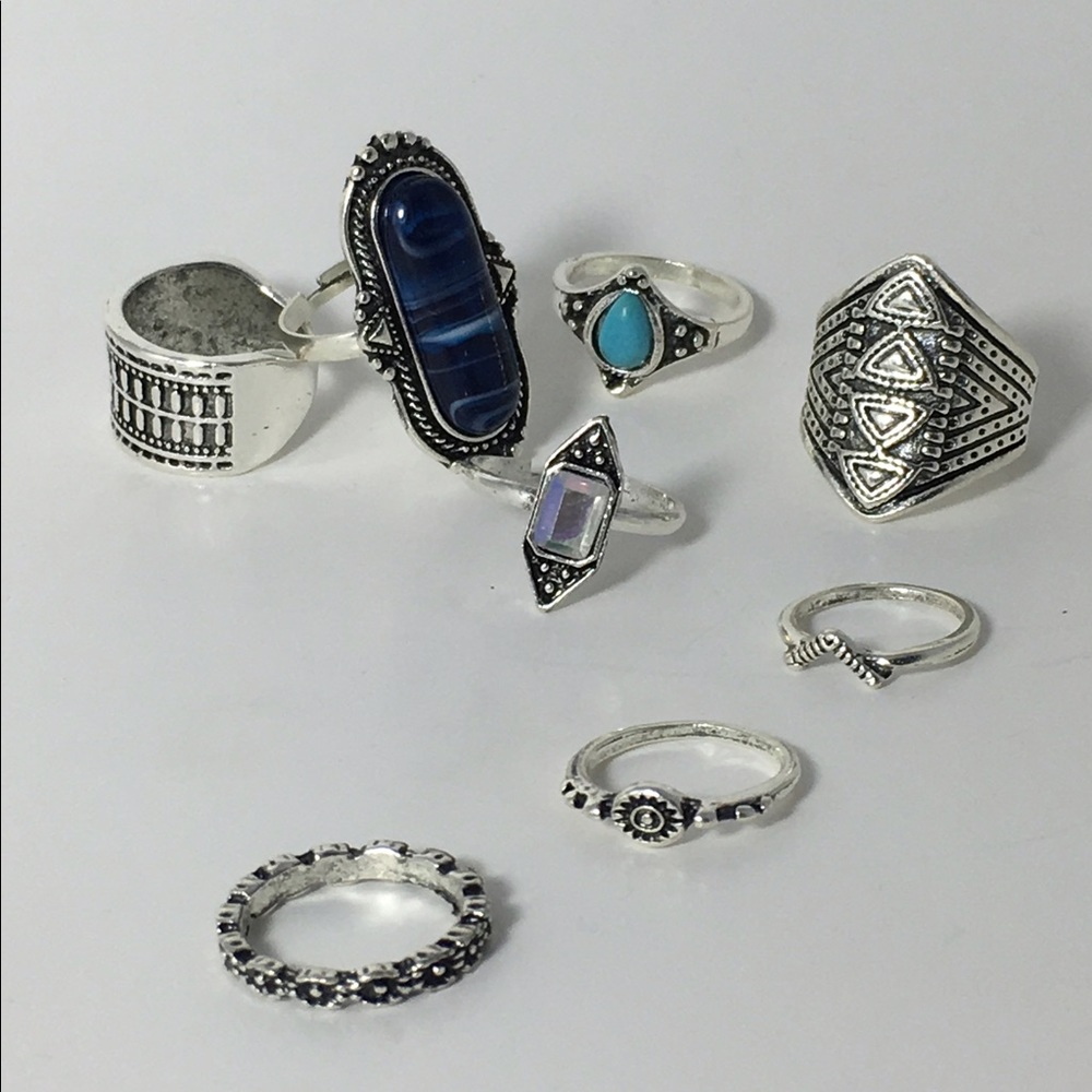 8-pc silver blue midi ring set