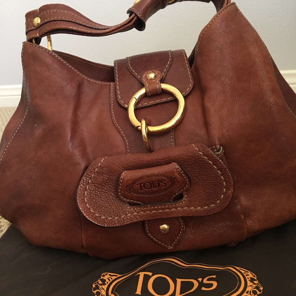 Tod's brown leather hobo purse w gold hardware