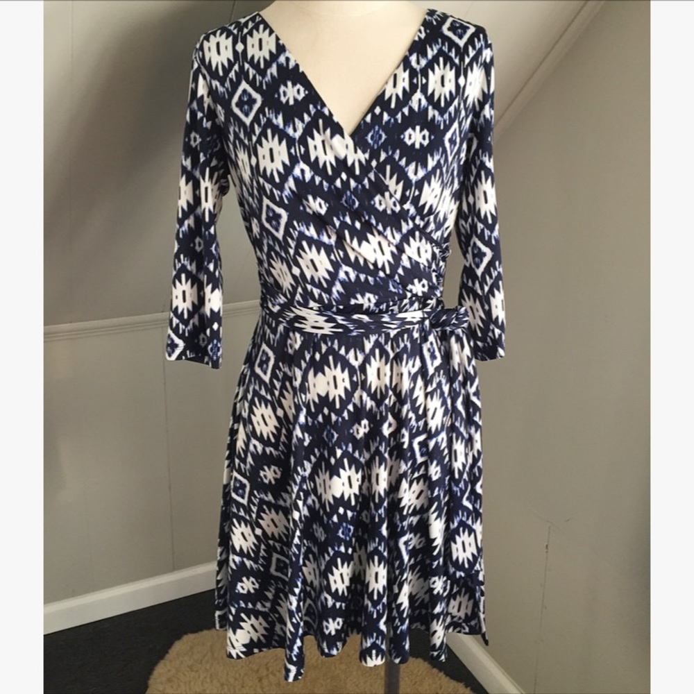 AB Studio Blue Aztec Faux Wrap Dress