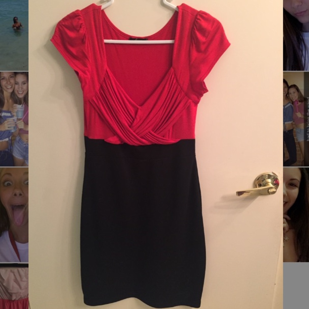 A classic v neck red and black dress