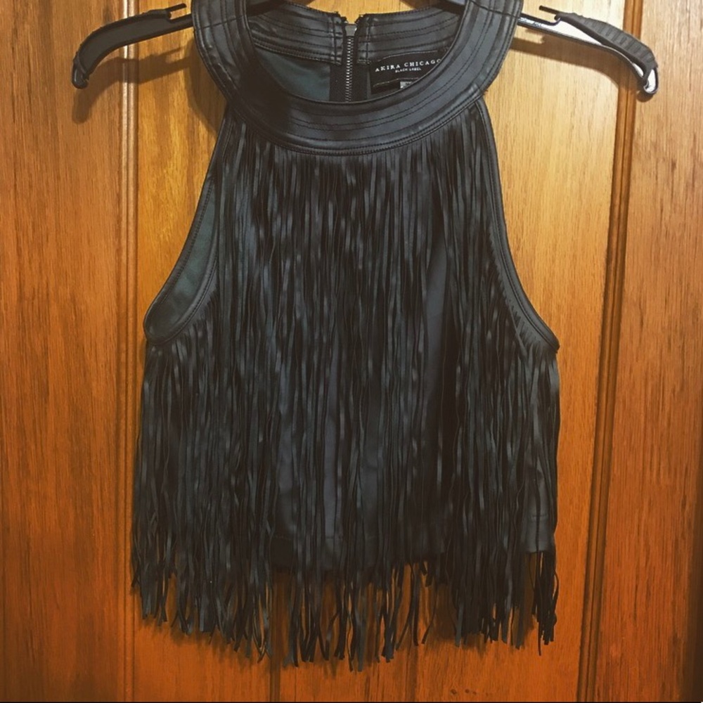 Black leather fringe crop top. (M)