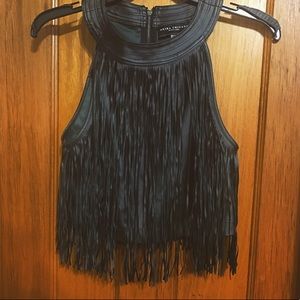 Black leather fringe crop top. (M)
