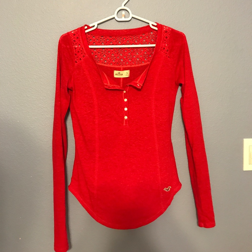 Red Hollister Long Sleeve Lace Back Henley