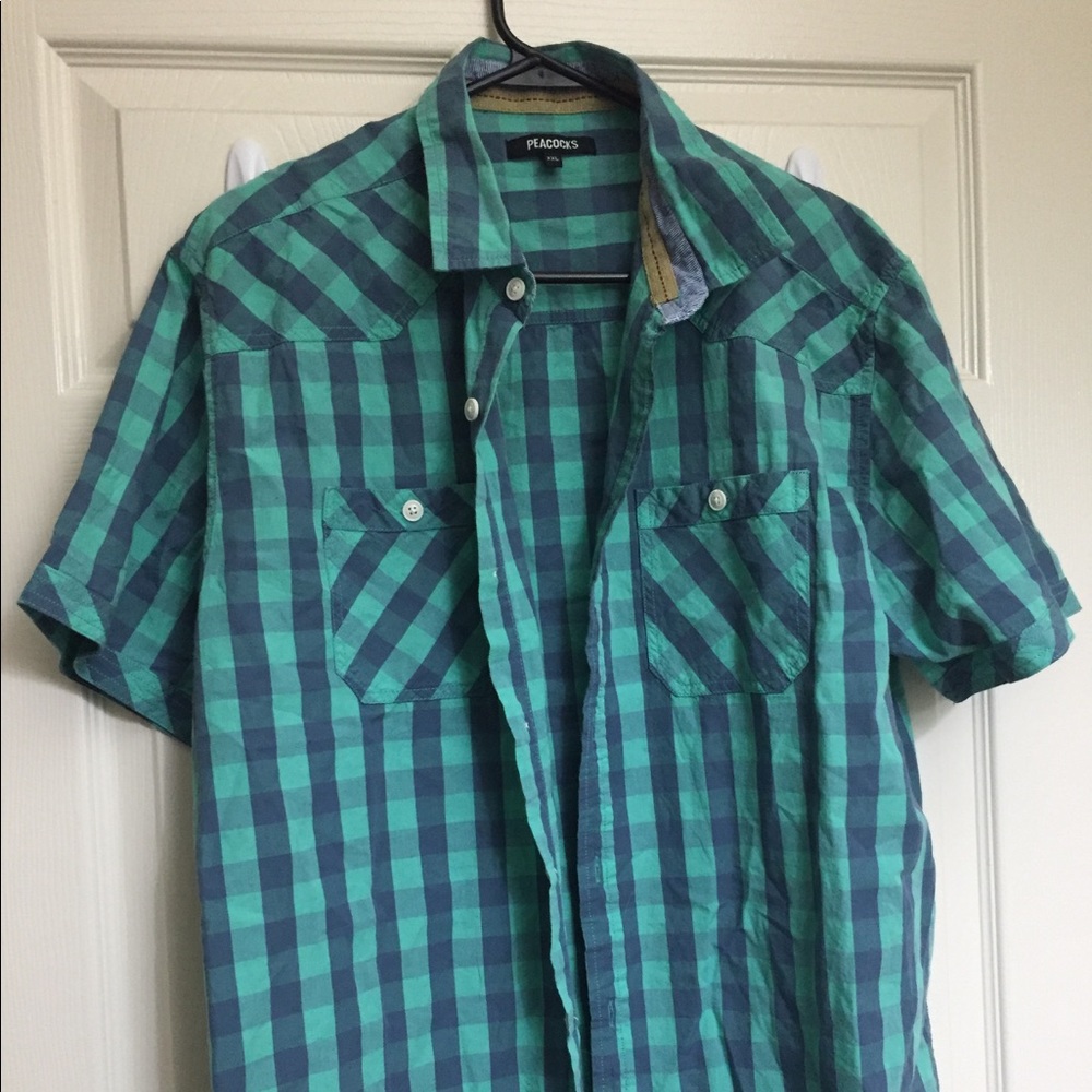 Teal and Navy Short Sleeve Plaid Button-up Shirt