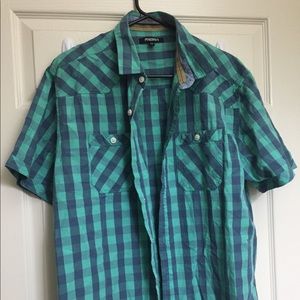 Teal and Navy Short Sleeve Plaid Button-up Shirt