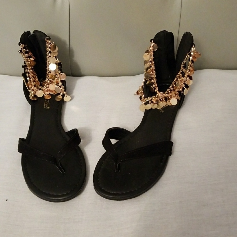 Black sandals w/ gold dangles