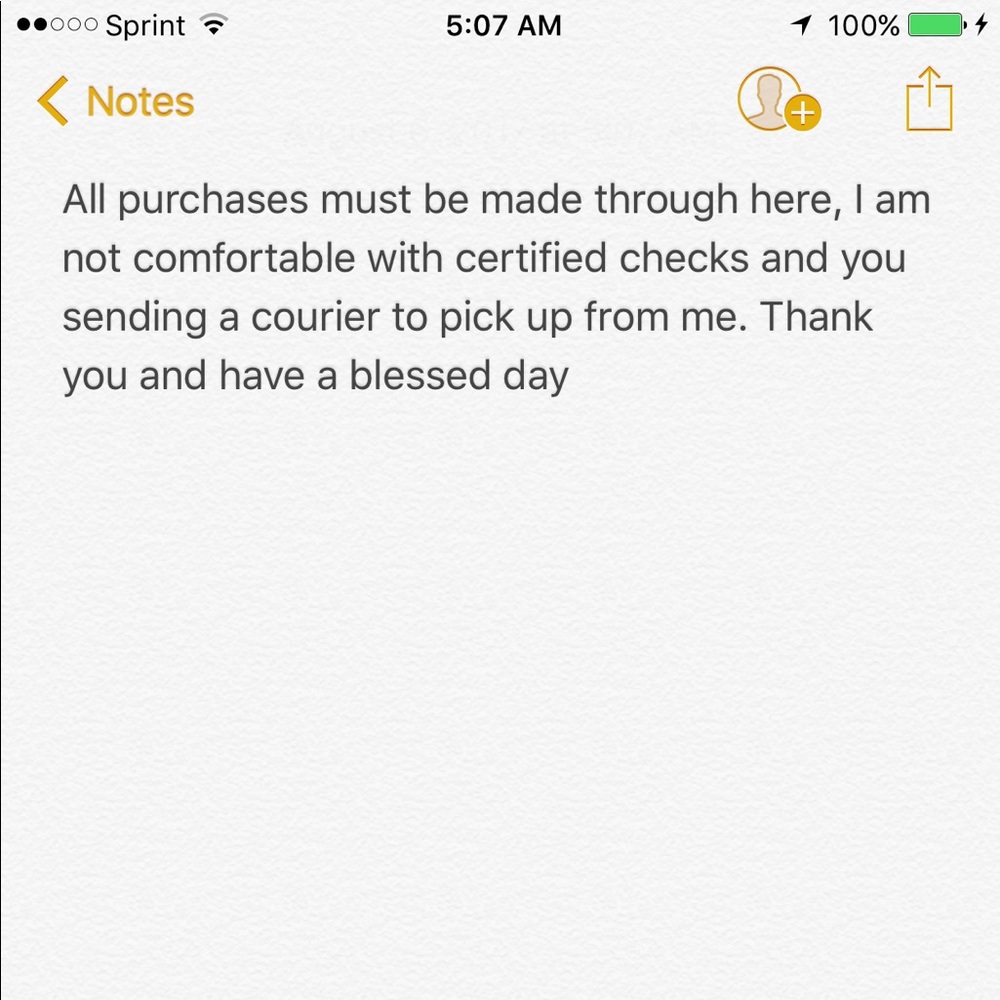 No certified checks nor courier pick ups
