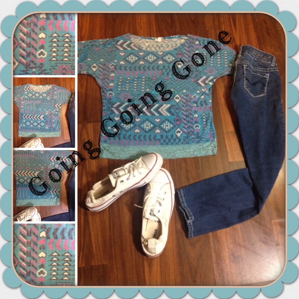 Royal blue kids shirt with lace trim Aztec design