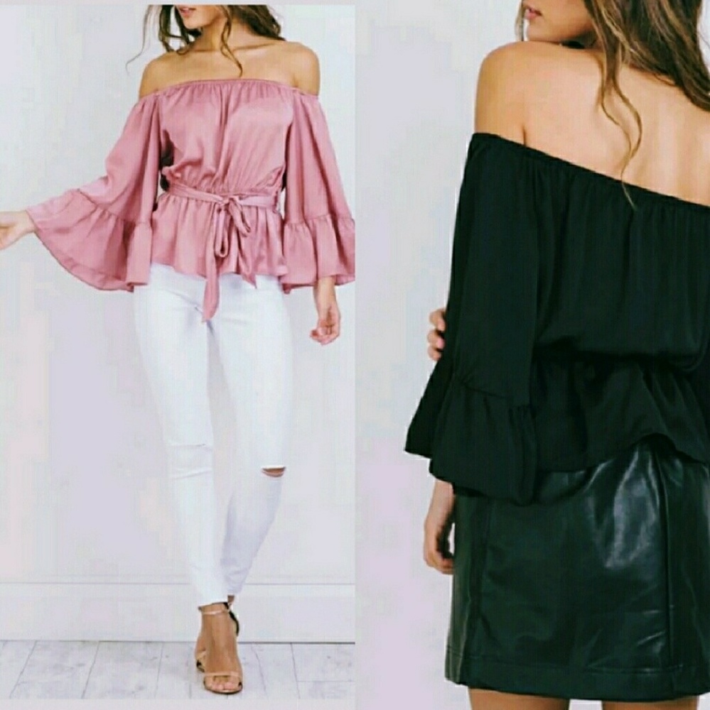 🌟Glam Off Shoulder Flare Sleeve Top BLACK